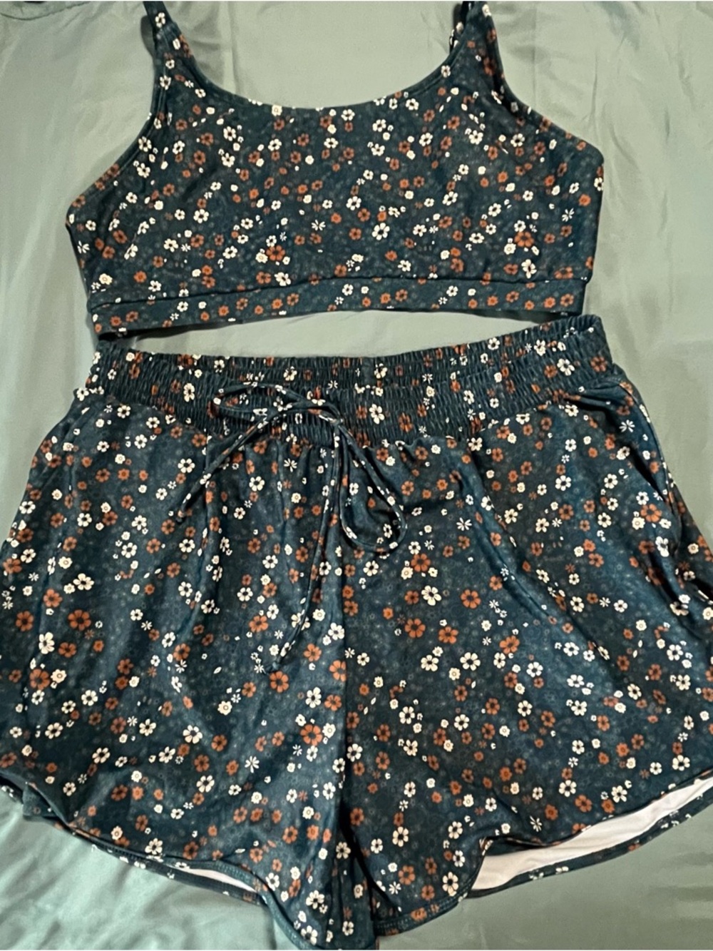 Floral Two-Piece Swim Set in Dark Teal Womens XL